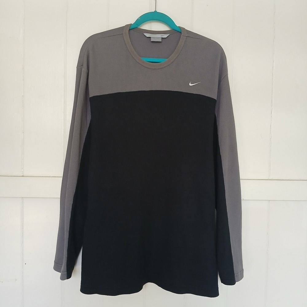 VTG Y2K‎ Nike Shirt Waffle Knit Swoosh Logo Crew Neck Men's Large Black Gray LS